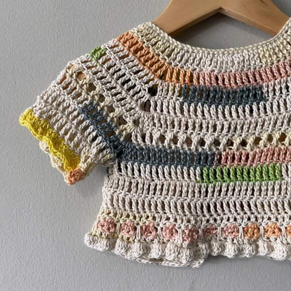 NWT Handmade Crochet Cream Blue Multicolour Children Short Sleeve Crop Cardigan - Picture 7 of 7